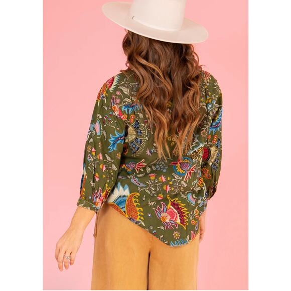 Ivy Jane Perfect Bliss Blouse Pearl Snap Top Women's Large Floral Green Western - Picture 2 of 14